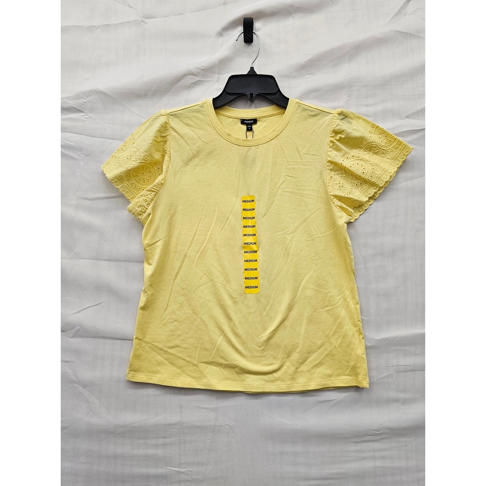 Express Womens Yellow Eyelet Puff Sleeve Top Crewneck Tee EX007955 Medium NEW